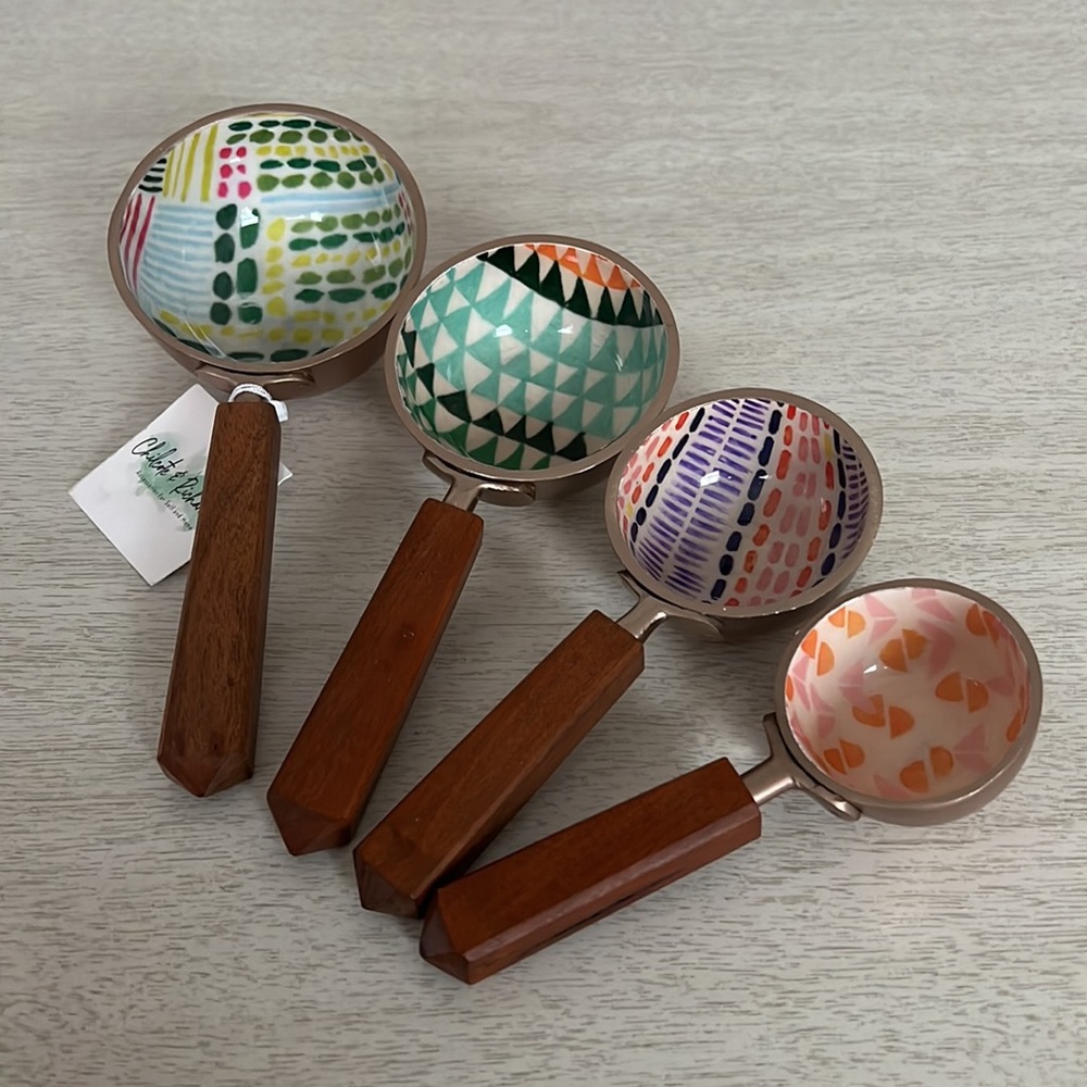 Chilcote & Richards set of four measuring cups. Wood, copper, & enamel. NWT